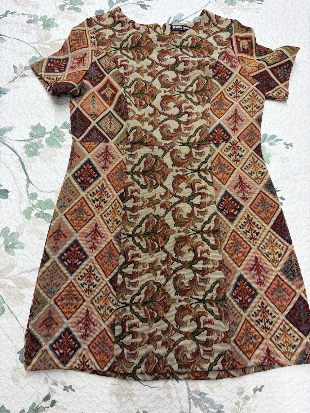 Fashion Union Tapestry Mini Dress in Rust, Olive & Cream